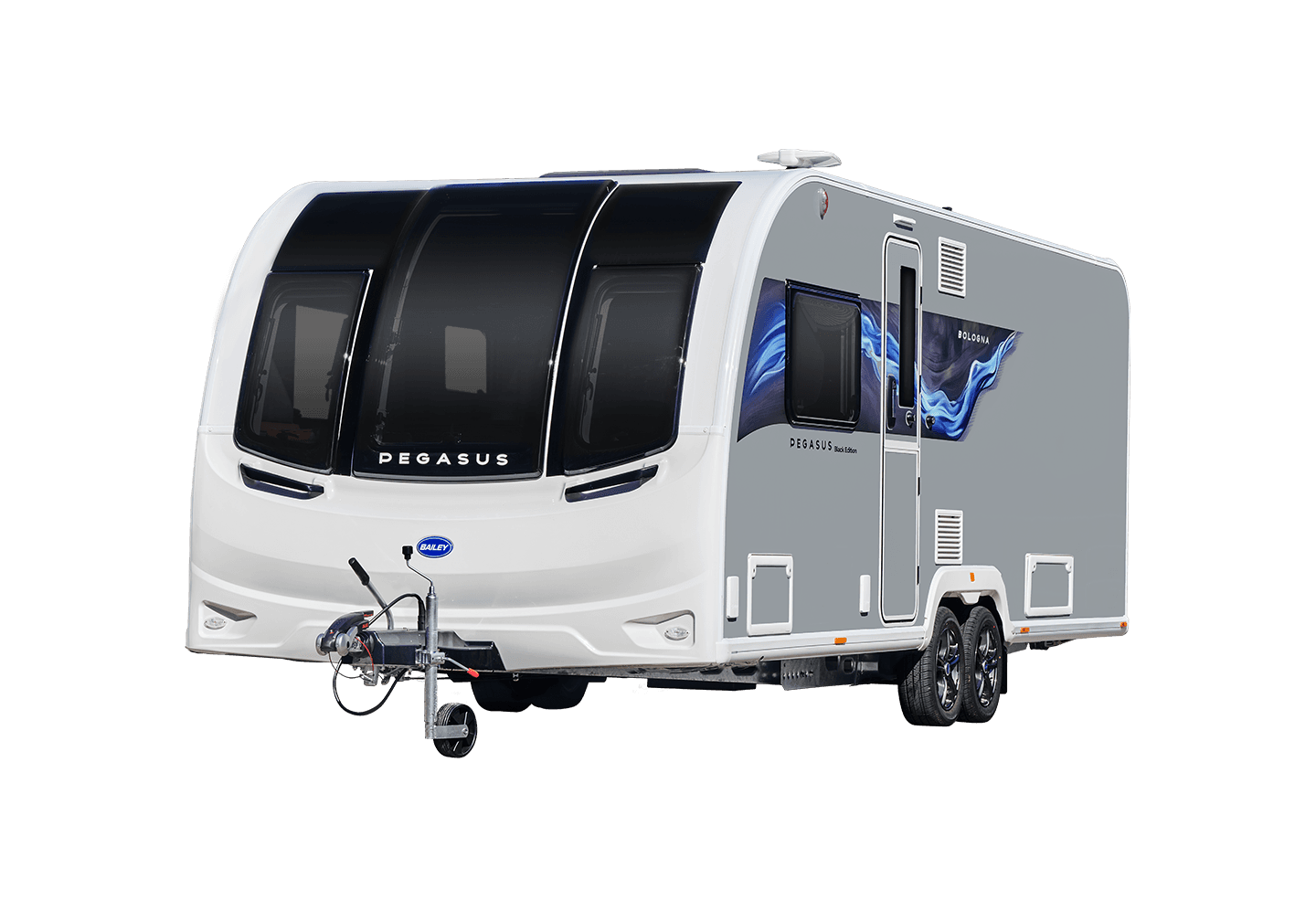 Bailey Pegasus Black Edition Bologna exterior three-quarter view